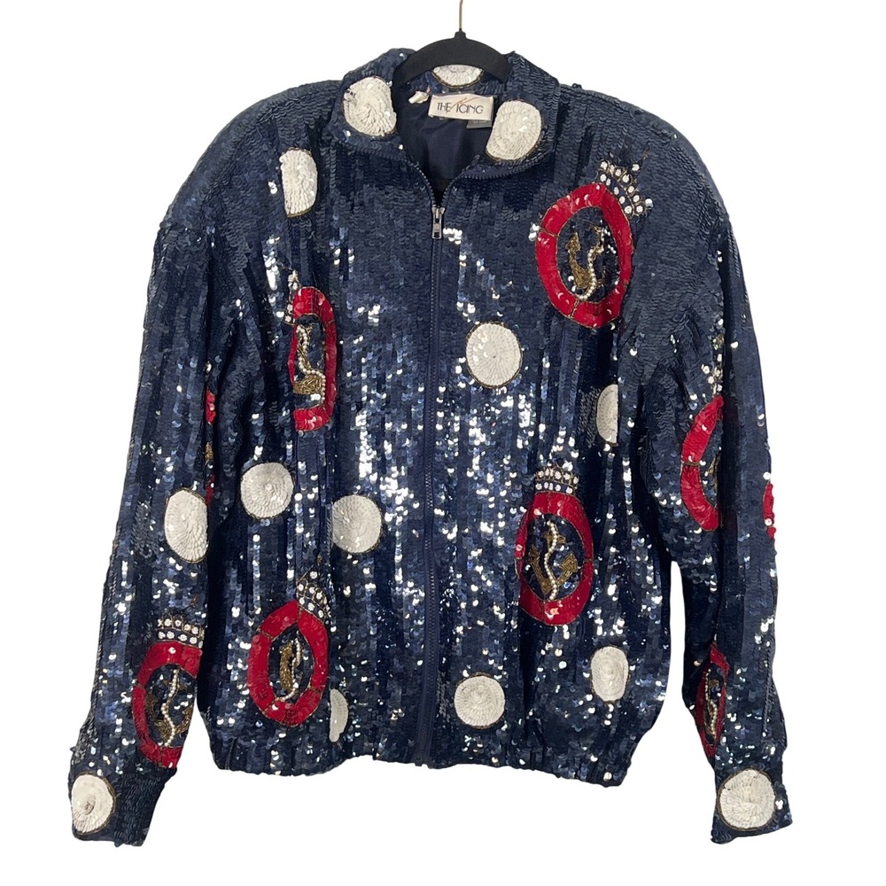 Vintage 80s Modi Icing Full Sequin Nautical Bomber Trophy Jacket Patriotic SM‎